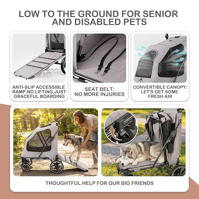 MoNiBloom Large Pet Stroller with Anti-Slip Ramp, Heavy Duty Dog Stroller Up to 99lb, Safe & Gentle Mobility Aid, All-Terrain Wheels, Idea for Injured, Disabled, & Senior Dog