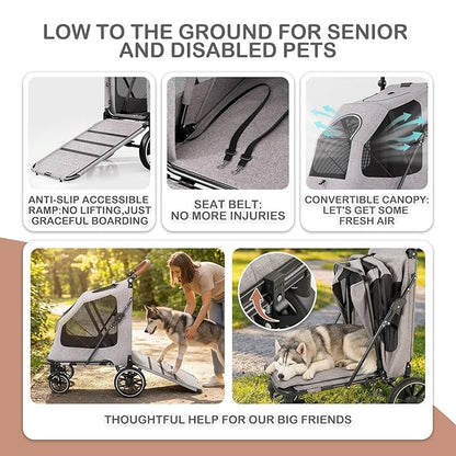MoNiBloom Large Pet Stroller with Anti-Slip Ramp, Heavy Duty Dog Stroller Up to 99lb, Safe & Gentle Mobility Aid, All-Terrain Wheels, Idea for Injured, Disabled, & Senior Dog