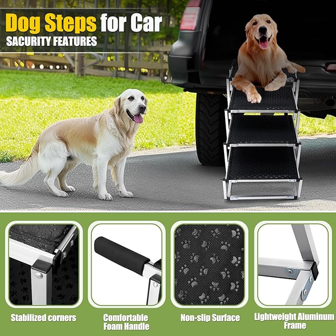 Foldable Dog Stairs with Non-Slip Surface - Portable Aluminum Dog Steps for Trucks, SUVs & Cars - 4 Steps