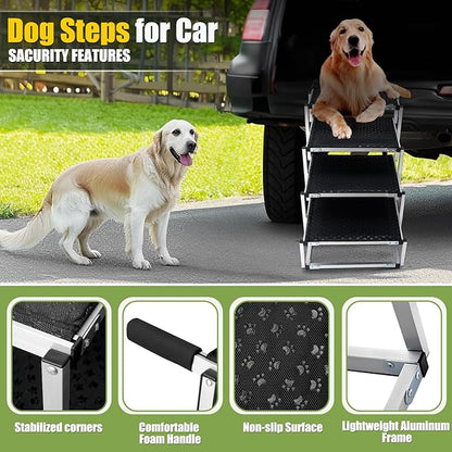 Foldable Dog Stairs with Non-Slip Surface - Portable Aluminum Dog Steps for Trucks, SUVs & Cars - 4 Steps
