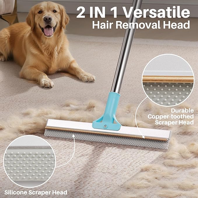 JOYMOOP Pet Hair Removal Tool, 63" Adjustable Long Handle Carpet Rake, Cat Dog Hair Carpet Rake with Metal and Silicone Scraper for Carpet, Sofa, Cloth