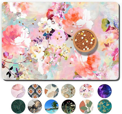 Dog Food Mat, 12" x 19" Flower Absorbent Dog Cat Bowl Mat for Food and Water, Cute Anti-Slip Rubber Pet Feeding Rug Protect Floors, Placemat for Feeding & Watering Supplies, Pink