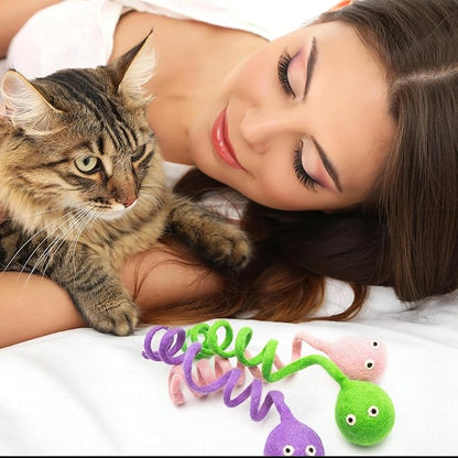 Glaciart One Felt Spring Cat Toy – 3 Pcs Soft Fuzzy Enrichment 100% Natural Wool - Interactive Stretchable Play Set - Safe for Pets, Non-AZO Colored Dyes - 4” Long