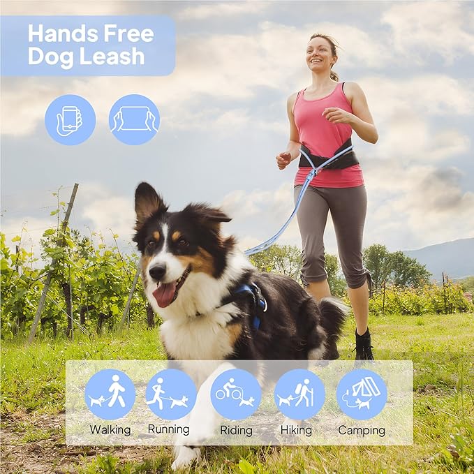 PetiFine Hands Free Dog Leash, Crossbody Waist Leash for Dog Walking, 8 ft Multifunctional Waterproof Waist Lead for Swimming,Running,Training (Large,Blue)