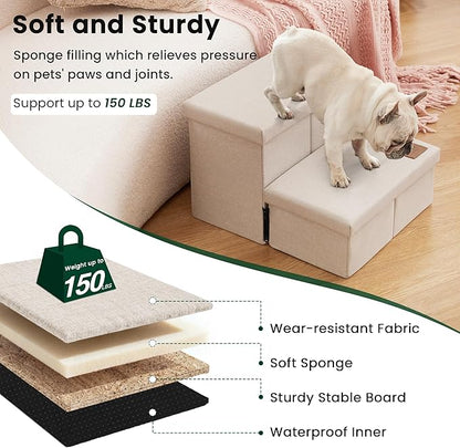Love's cabin Dog Stairs with Storage 13" H, Foldable Pet Stairs for Small Medium or Large Dogs, Cat Puppy Steps Ramp with Zip up to 150 lbs, Beige, 2 Steps