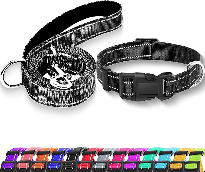 Reflective Dog Collar with Safety Locking Buckle, Adjustable Soft Breathable Nylon Collars for Small, Medium and Large Dogs(Collar+Leash S Width 3/4" Black)