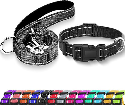 Reflective Dog Collar with Safety Locking Buckle, Adjustable Soft Breathable Nylon Collars for Small, Medium and Large Dogs(Collar+Leash S Width 5/8" Black)