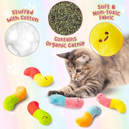 L1rabe Worm Candy Catnip Stuffed Toys - 6P Summer National Pet Day Worm Organic Cat Toys Funny Indoor Chew Bite Kick Tools, Interactive Pet Supplies Cat Lovers Kittens Birthday Pet Presents