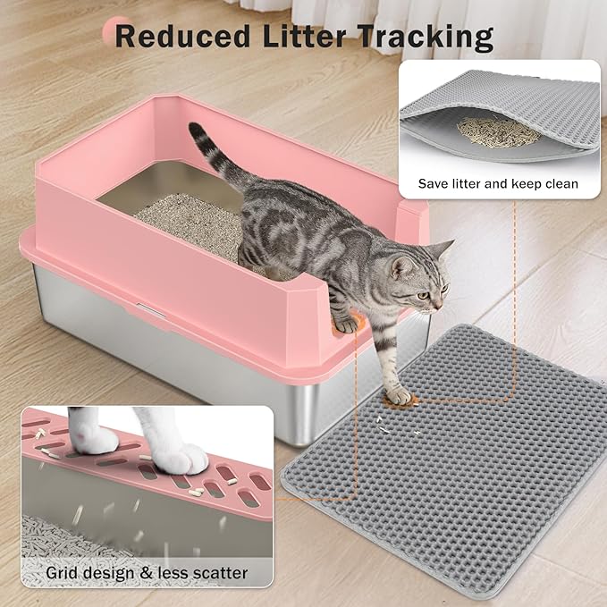 Stainless Steel Litter Box, Extra Large Litter Boxes for Big Cats, XLarge Metal Cat Litter Box with Lid, Anti-Urine Leakage XL Box with High Sides, Easy Clean, Non-Sticky, Scoop Included (Pink, XL)