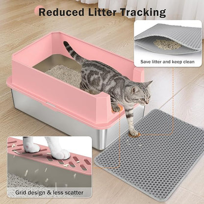 Stainless Steel Litter Box, Extra Large Litter Boxes for Big Cats, XLarge Metal Cat Litter Box with Lid, Anti-Urine Leakage XL Box with High Sides, Easy Clean, Non-Sticky, Scoop Included (Pink, XL)