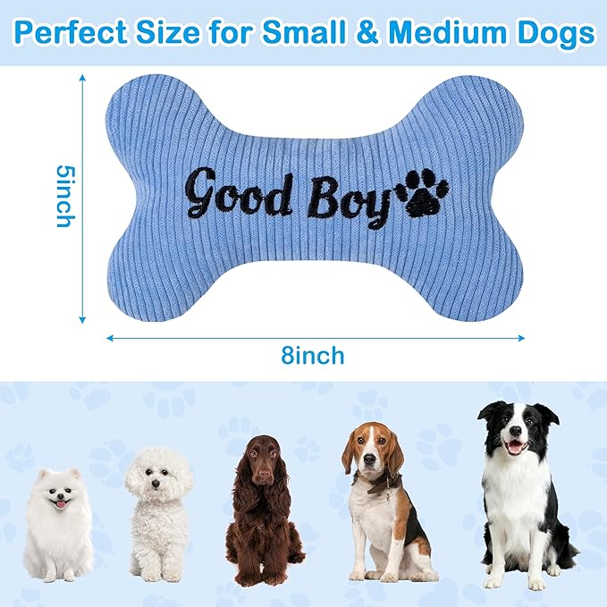 2026 Squeaky Dog Toys, Embroidered Bone Shape Blue Corduroy Pet Pillow 8"x5", Soft Cotton Filled Cute Fun Plush Dog Chew Puzzle Toy Birthday for Small Medium Dogs(Good Boy)