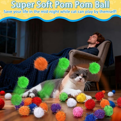 Mity rain 101PCS Cat Ball Launchers & Pom Pom Balls Interactive Cat Toy Set – Safe Soft Plush Kitten Toys for Indoor Cats, Fun Kitten Toys for Endless Active Play (Shining)
