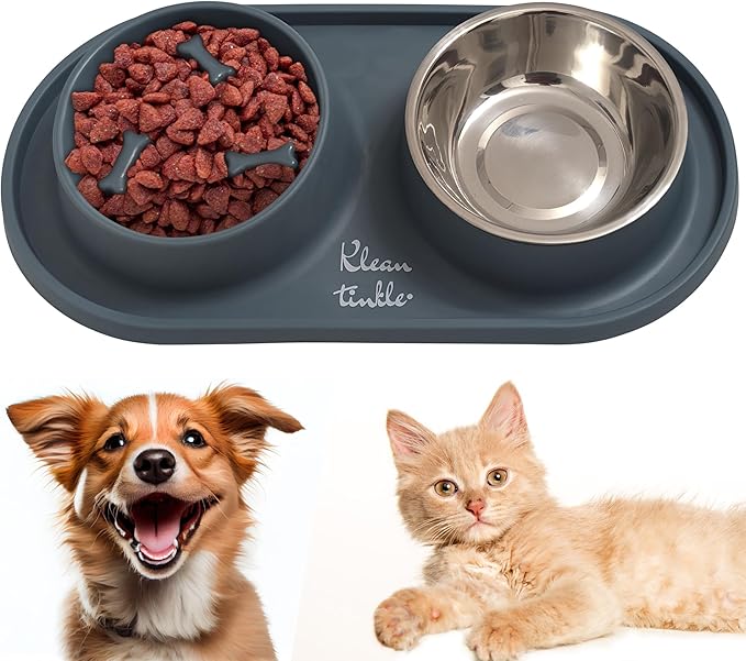 Pets Dog Bowl Set - Anti Skid Removable Double Slow Feeder Dog Bowls with Non Skid Silicone Mat - Stainless Steel Dog Water Bowl for Cats & Pets – A Beautiful Slate Gray Color