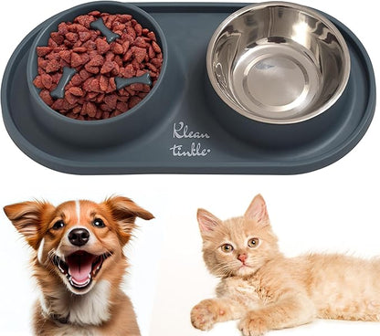 Pets Dog Bowl Set - Anti Skid Removable Double Slow Feeder Dog Bowls with Non Skid Silicone Mat - Stainless Steel Dog Water Bowl for Cats & Pets – A Beautiful Slate Gray Color