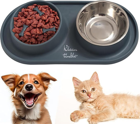 Pets Dog Bowl Set - Anti Skid Removable Double Slow Feeder Dog Bowls with Non Skid Silicone Mat - Stainless Steel Dog Water Bowl for Cats & Pets – A Beautiful Slate Gray Color