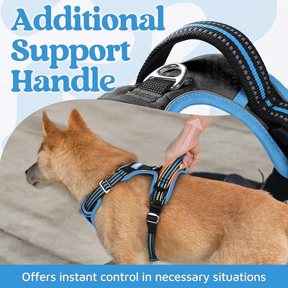 rabbitgoo Dog Harness for Large Dogs, No Pull Pet Vest with 3 Buckles, Adjustable Soft Padded Pet Harness with Easy Control Handle and Reflective Strips, Black & Sky Blue, XL