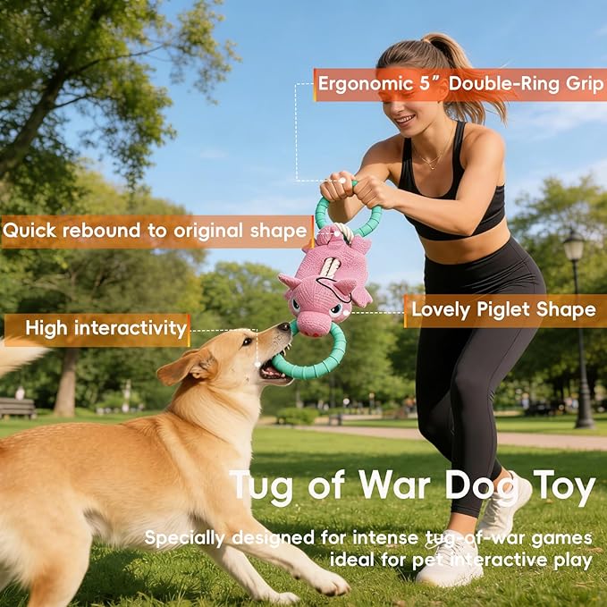 Tug of War Dog Toy - Rubber & Cotton Rope Toys for Dogs, Large Double Ring Dog Tug Toy, Interactive Dog Toys for Small Medium Large Dogs(Piglet)