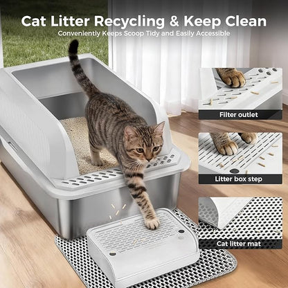GTPLAYER Stainless Steel Cat Litter Box XL - Extra Large High-Sided Open-Top Metal Litter Box for Large & Multi-Cat Homes, Splash Guard, Low Entry, Easy Clean 304 Steel with Step, Mat & Scoop, White