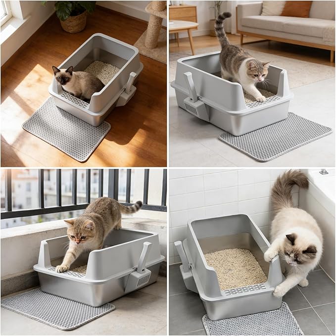 Stainless Steel Litter Box with Lid, XLarge Metal Litter Box for Big Cats, High-Sided Cat Litter Boxes for Anti Urine Splash, Odor Control, Non-Stick & Easy to Clean, Includes Scoop and Mat