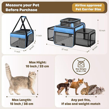 Top and 2 Sides Expandable Cat Carrier 18x11x11, TSA Airline Approved Dog Carriers for Small Dogs, Soft-Sided Pet Carrier with Self-Locking Zippers for Kitten,Rabbit, Puppy, Blue