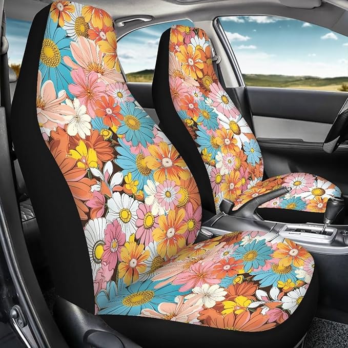 Groovy Hippie Flower Daisy Car Seat Covers Full Set of 2, Cloth Seat for Auto Front Seats, Black Seat Covers Cars Washable Breathable Car Accessories for Sedan Truck SUV