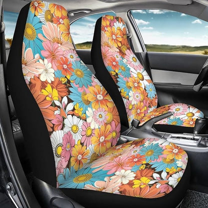 Groovy Hippie Flower Daisy Car Seat Covers Full Set of 2, Cloth Seat for Auto Front Seats, Black Seat Covers Cars Washable Breathable Car Accessories for Sedan Truck SUV