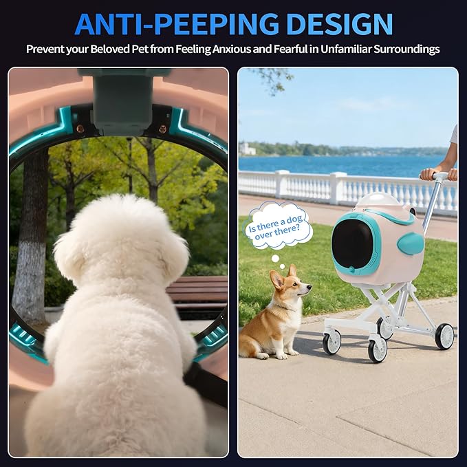 COZIWOW Pet Stroller with Temperature Display & Ventilation Fan, Foldable 4-Wheel Cat Dog Stroller with Anti-Irritation Privacy Barrier, Night Light, Detachable Car Seat Carrier for Small & Medium Pet