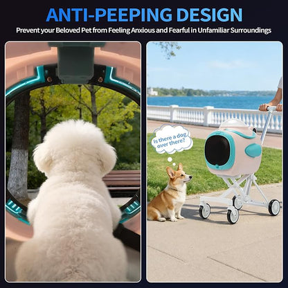 COZIWOW Pet Stroller with Temperature Display & Ventilation Fan, Foldable 4-Wheel Cat Dog Stroller with Anti-Irritation Privacy Barrier, Night Light, Detachable Car Seat Carrier for Small & Medium Pet