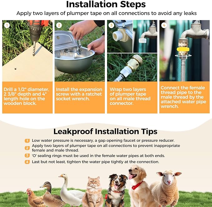 BinetGo Outdoor Automatic Water Dispenser for Dogs, Stainless Steel Bite Resistant Automatic Dog Water Bowl with Drain Plug, Outside Auto Refillable Water Bowl with Float for Goat Livestock