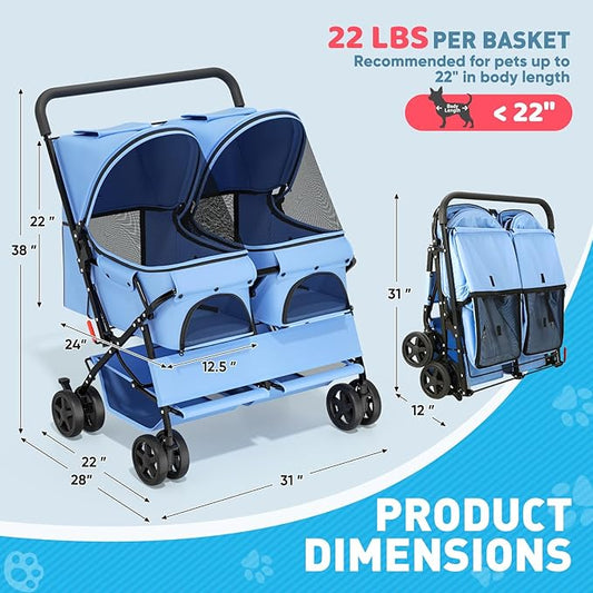 Magshion Side by Side Double Dog Stroller for 2 Small Dogs, Foldable Twin Pet Stroller with Breathable Mesh, Storage Basket, Swivel Wheels for Outdoor Walks & Daily Use, Blue