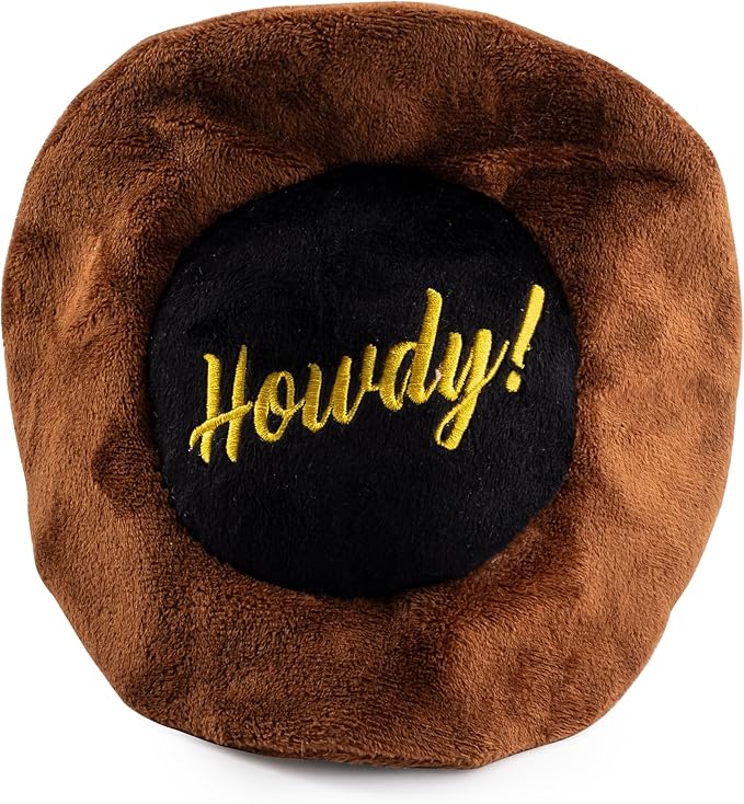 Haute Diggity Dog Cowboy Hat Plush Dog Toy for Medium & Large Dogs, Western-Inspired Stuffed Dog Toys with Interactive Squeaker, Mesh Lining, Machine-Washable, Durable & Safe, One Size, Brown