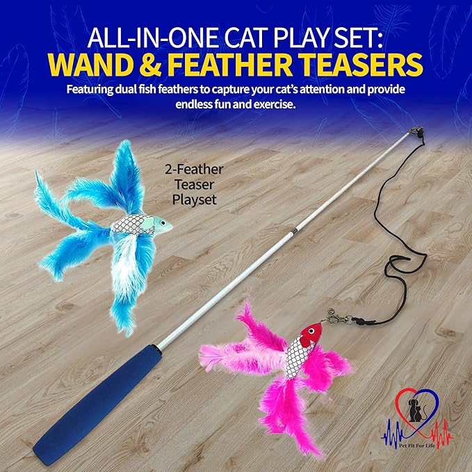 Pet Fit For Life Cat Feather Wand Toys – Interactive Cat Wand Toy for Indoor Pets | 2 Feathery Fish Attachments | Promotes Animal Health & Fitness, Made w/Soft & Durable Materials | Gift