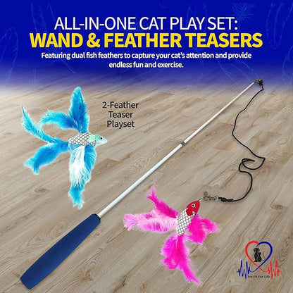 Pet Fit For Life Cat Feather Wand Toys – Interactive Cat Wand Toy for Indoor Pets | 2 Feathery Fish Attachments | Promotes Animal Health & Fitness, Made w/Soft & Durable Materials | Gift