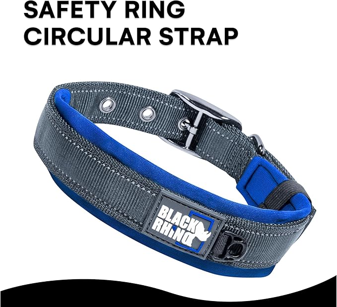 Black Rhino Dog Collar for Large Dogs - Adjustable Reflective Heavy Duty Dog Collar with Ultra-Soft Neoprene Padding - Weatherproof, Durable, and Comfortable for Active Dogs - Sport Blue and Black