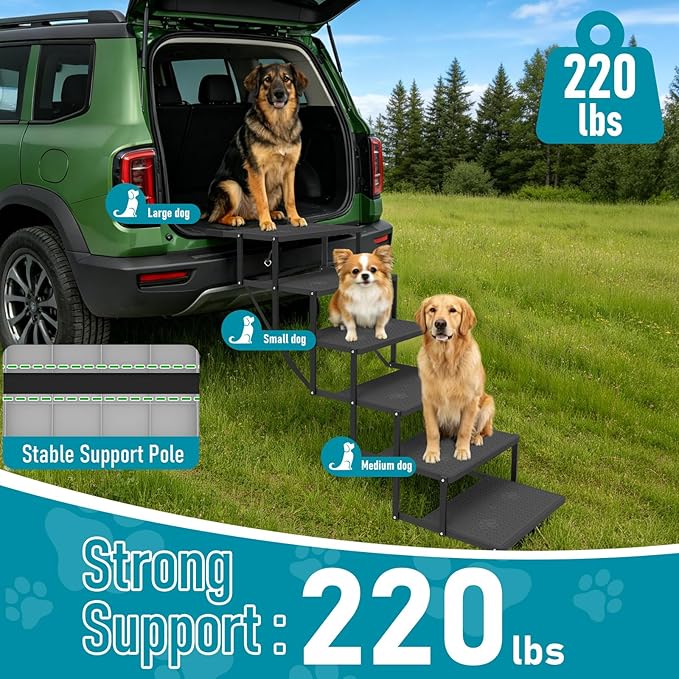 Dog Stairs for car, 6 Steps Foldable Dog Steps for Truck, Upgraded Non-Slip Pet Stairs for lagre Dogs, Metal Pet Stairs for SUV, Truck and Cars