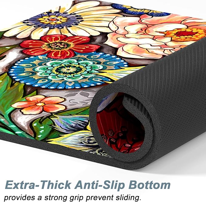 Rnivvi Dog Food Mat, 16" x 24" Flower Absorbent Dog Cat Bowl Mat for Food and Water, Cute Anti-Slip Rubber Pet Feeding Rug Protect Floors, Puppy Placemat for Feeding & Watering Supplies,Mandala Floral