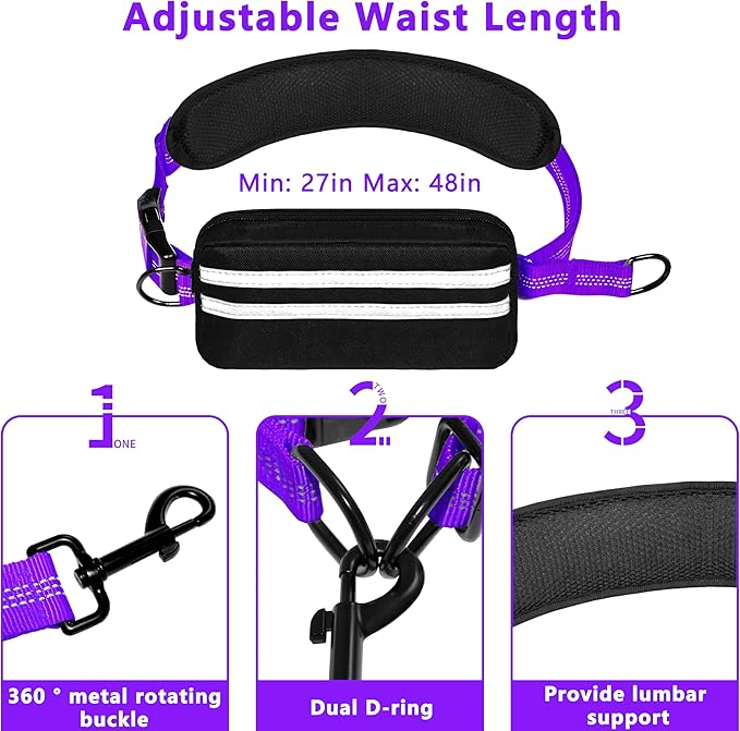 Hands Free Dog Leash with Zipper Pouch, Running Waist Leash for Dog Walking, Adjustable Waist Belt for Large Dogs, Reflective Bungee Design with Two Handle for Hiking, Training, Purple