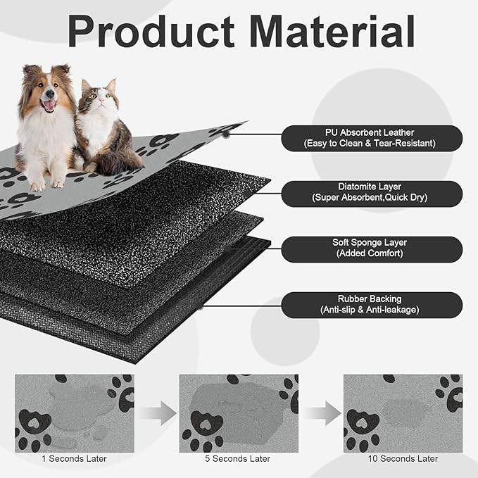 Pet Feeding Mats 17"x28"- Absorbent Pet Food Mat, Large Dog Food Mat, Rubber Mat for Cat Bowls, Pet Placemats for Food and Water, Dog Water Matt for Sloppy Drinker, Dark Grey