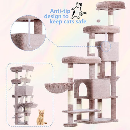 Hey-brother Cat Tree Tower, Scratching Posts with a Extended Part, Wide Platforms, Cozy Condos, Hammocks, Sisal Columns and Ball for Indoor Cats, 70.1 Inches, Muchroom MPJ038MU