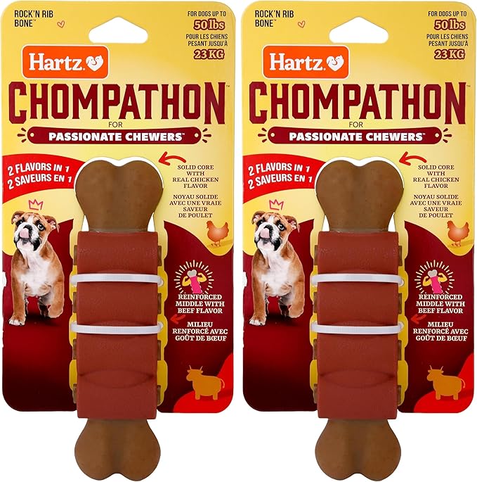 Hartz New Chompathon Rock 'N Rib Bone Dog Chew Toy for Aggressive Chewers, Double Layered Flavored with Chicken & Beef (Pack of 2)