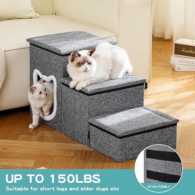 Dog Stairs for Small Dogs, 3-Step Non-Slip Pet Stairs for Cats, Small Dog Steps with Storage and Condo, Indoor Cat Steps for Older Cats, Arthritis-Friendly, Grey