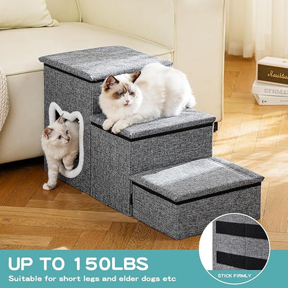 Dog Stairs for Small Dogs, 3-Step Non-Slip Pet Stairs for Cats, Small Dog Steps with Storage and Condo, Indoor Cat Steps for Older Cats, Arthritis-Friendly, Grey