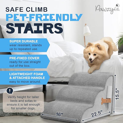 PAWZY Dog Stairs for Medium-Height Beds & Couches, 3-Step Foam Pet Steps 15.5” High for Small Dogs & Cats up to 60 lbs, Wide Non-Slip, Waterproof Washable Zipper Cover, No Assembly, Grey