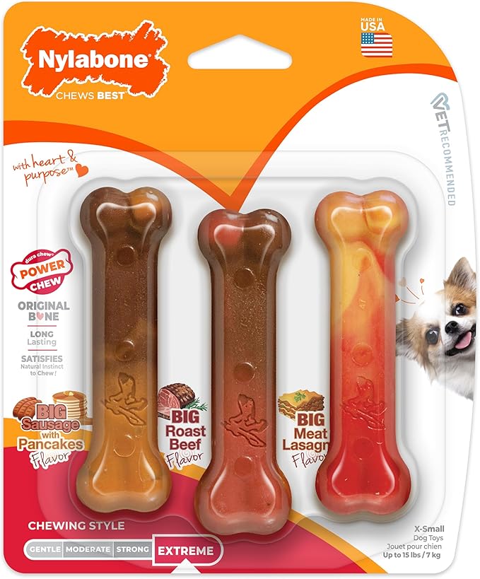 Nylabone Original Bone Power Chew Toy for Dogs, Durable Dog Toys for Aggressive Chewers, Flavor Frenzy Pancakes & Sausage, Roast Beef, & Lasagna, X-Small - Up to 15 lbs, 3 Pack