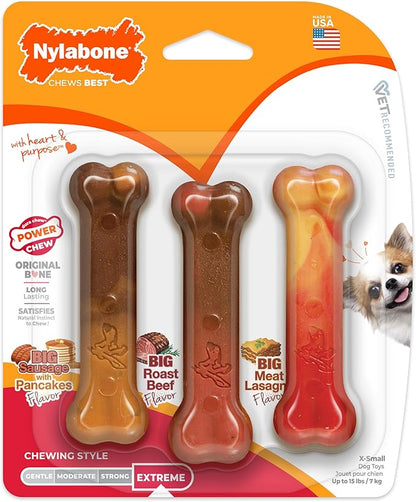 Nylabone Original Bone Power Chew Toy for Dogs, Durable Dog Toys for Aggressive Chewers, Flavor Frenzy Pancakes & Sausage, Roast Beef, & Lasagna, X-Small - Up to 15 lbs, 3 Pack