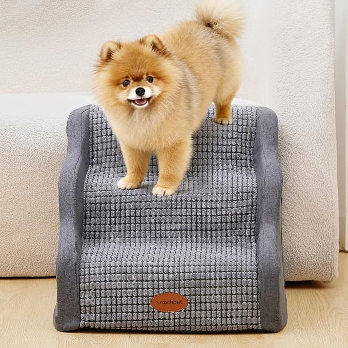 15.7”H Ramp Dog Stairs for Small Dogs, Side Armrest 3 Tier Wider Curved Pet Stairs for Couch and Beds，High-Density Foam Indoor Dog Steps with Non-Slip Bottom and Washable Cover for Old Cats