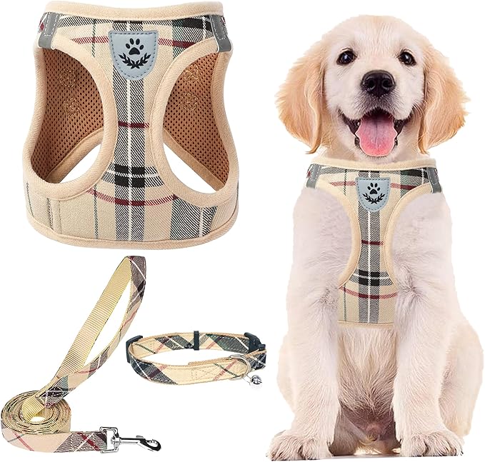 PUPTECK Adjustable Dog Harness Collar and Leash Set Step in No Pull Pet Harness for Small Medium Dogs Puppy and Cats Outdoor Walking Running, Soft Mesh Padded Reflective Vest Harnesses, Beige L