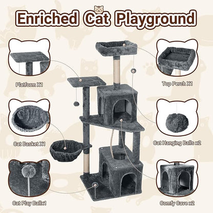 54 Inch Multi-Level Cat Tree Tower with Hammock, Condos & Scratching Posts, Large Cat Furniture for Indoor Cats with Pompoms, Dark Grey