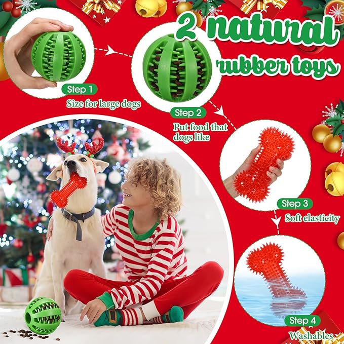 Vinsot 12 Pack Christmas Dog Gifts Large Dog Chew Toys for Aggressive Chewers Red Green White Teething Toys with Dental Rope Squeaky Balls and Chew Bone for Medium Large X-Large Breeds Dogs
