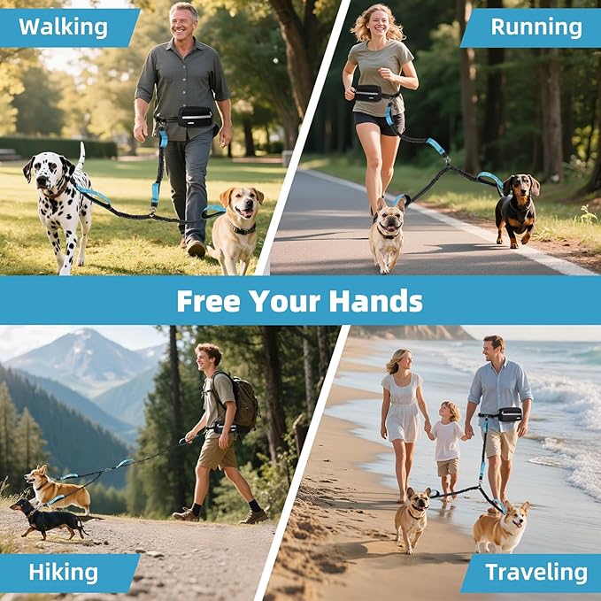 Hands Free Dog Leash for 2 Dogs with Pouch, Waist Leash for Dog Walking, Jogging, Hiking, Retractable Leashes with Dual Padded Handles, Adjustable Reflective Belt for Small, Medium, Large Dogs
